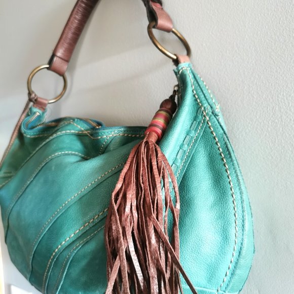 Vintage Fossil Teal Patchwork Boho Leather Shoulder Bag with Leather Tassel - Picture 2 of 11